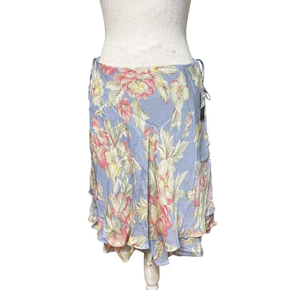 Jones New York Signature Floral Blue 100% Silk Tiered Mini Skirt 6 NWT